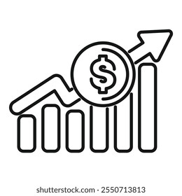 Thin line icon showing a dollar coin increasing in value on a growing chart line graph