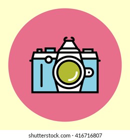 Thin Line Icon. SLR Camera. Simple Trendy Modern Style Round Color Vector Illustration.