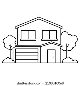 Thin Line Icon Suburban House. For Web Design And Application Interface.Real Estate Sale Concept. Residential Home Exterior. Landscape Design.Vector Illustration In Lineart Style. Country House.