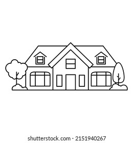 Thin line icon suburban modern house. Symbol for a mobile application or website.Vector illustration in lineart style.Isolated on white background.