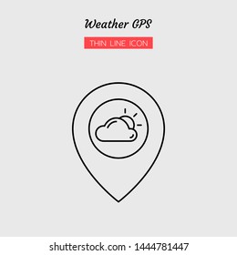 thin line icon symbol, weather GPS concept, sun, cloud, location, pin, Isolated flat outline vector design