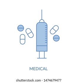 Thin line icon of syringe, injection, medical