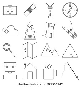 Thin line icon tools of camping outdoor and travel vector eps10