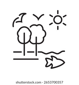 Thin line icon of trees, river, birds, and fish, representing the preservation of natural habitats, biodiversity, and ecological balance. editable stroke. vector illustration