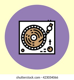 Thin Line Icon. Turntable Vinyl Player. Simple Trendy Modern Style Round Color Vector Illustration.