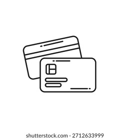 Icono de línea delgada de dos tarjetas de crédito, que representa pagos digitales, banca y transacciones en línea. Ideal para App de fintech, comercio electrónico, sistemas de pago seguros y servicios financieros.

