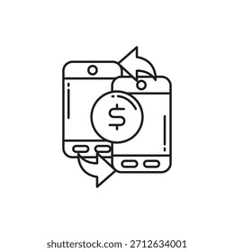 Icono de línea delgada de dos teléfonos inteligentes con flechas de cambio y un símbolo de dólar, que muestra la transferencia de dinero móvil, el intercambio digital y las transacciones en línea. Ideal para App de fintech y monederos electrónicos.