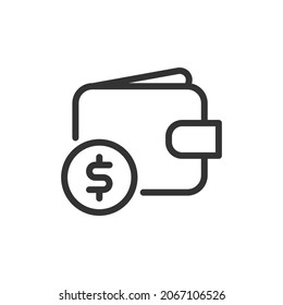 Thin line icon of wallet. Vector outline sign for UI, web and app. Concept design of wallet icon. Isolated on a white background.