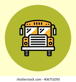 Thin Line Icon. Yellow School Bus. Simple Trendy Modern Style Round Color Vector Illustration.