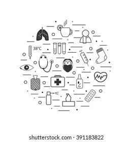 Thin line icons about flu and cold treatment composed in circle shape. Home remedies for health treatment.