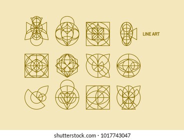 Thin line icons. Line art design for invitation, poster, badge, monogram. Elegant luxury design template. Vector illustration.