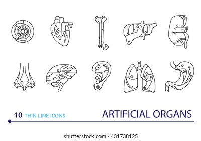 Thin line icons  artificial organs. EPS 10. Isolated objects.