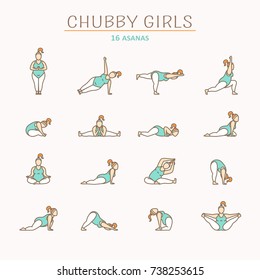 Thin line icons - asanas with chubby girls. EPS 10 Isolated object
