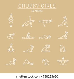 Thin line icons - asanas with chubby girls. EPS 10 Isolated object