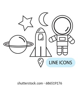 thin line icons of astronaut,rocket,star,moon,planet,vector illustrations
