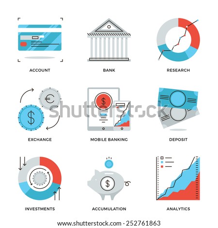 Thin line icons of banking account, e-banking service, financial analytics, foreign exchange and money investment strategy. Modern flat line design element vector collection logo illustration concept.