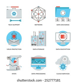 Thin line icons of big data storage protection, cloud computing information service, technical support, network connection. Modern flat line design element vector collection logo illustration concept.