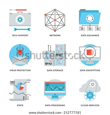 Thin line icons of big data storage protection, cloud computing information service, technical support, network connection. Modern flat line design element vector collection logo illustration concept.