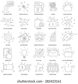 Thin Line Icons of business, editorial work, money for click, time management, search, sync data, location service, like service, shopping, safe stuff, business trip, settings, photobusiness.