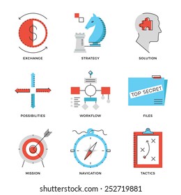 Thin line icons of business effective solution, success tactics position and strategy decision, long-term goal achievement. Modern flat line design element vector collection logo illustration concept.