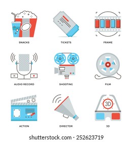 Thin line icons of cinema shooting, movie making, film production, leisure entertainment, 3D glasses television watching. Modern flat line design element vector collection logo illustration concept.