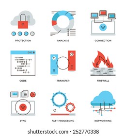 Thin Line Icons Of Cloud Computing Network Connection, Big Data Transfer, Firewall Protection, Wireless Communication. Modern Flat Line Design Element Vector Collection Logo Illustration Concept.