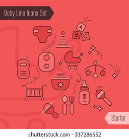 Thin line icons collection of baby care and toys, newborn stuff, nursery equipment. Starter Kit