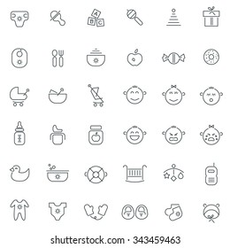 Thin line icons collection of baby care and toys, newborn stuff, nursery equipment