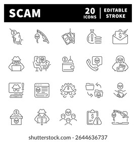 Coleção de ícones de linha fina relacionados a fraude. Coleção de ícones lineares de fraudes e fraudes.