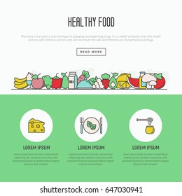 Thin line icons concept of organic food and fresh natural products, vegetarian groceries. Vector illustration for web site about healthy nutrition.