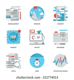 Thin line icons of corporate business management, financial report and statistics, office organization, stock market data. Modern flat line design element vector collection logo illustration concept.