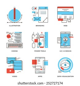 Thin line icons of creative graphic design, branding identity, mobile apps develop, UI UX user interface, website coding. Modern flat line design element vector collection logo illustration concept.