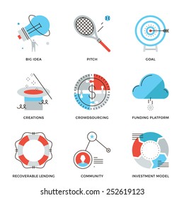 Thin Line Icons Of Crowd Funding Service, Investing Platform For Creative Project, Startup Model And Community Ideas. Modern Flat Line Design Element Vector Collection Logo Illustration Concept.