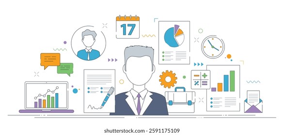Thin line icons design in vector illustration of business management tools, including analytics, communication, and scheduling, symbolizing productivity.