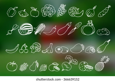 Thin line icons of different fruits and vegetables on mesh background