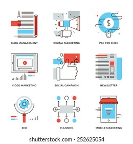 Leuchtende Symbole des digitalen Marketings, der Videowerbung, der Kampagne für soziale Medien, der Newsletter-Werbung, der Website-Optimierung. Modernes Design-Element der Vektorgrafik Logo-Illustration.