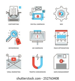 Thin line icons of digital marketing campaign, video viral advertising, text copywriting, website SEO optimization. Modern flat line design element vector collection logo illustration concept.