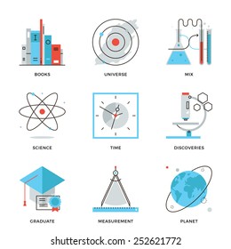 Thin line icons of discovery new things, planet and universe research, science and scientific experiment, books knowledge. Modern flat line design element vector collection logo illustration concept.