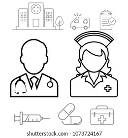 thin line icons for Doctor, Nurse, Hospital buildings, Stethoscope, Emergency Ambulance, Pills, Medical history, Syringe, First aid kit, vector illustrations