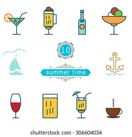 Thin Line icons drinks:  coffee cup, juice, anchor. The theme of summer and holidays.