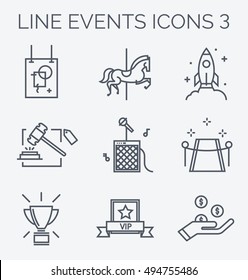 Thin Line Icons Of Events And Special Occasions Organization. Corporate Events: Exhibition, Carnival, Product Launch, Auction, Concert, Grand Opening, Competition, Vip, Fundraising.