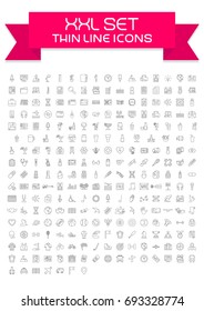 Thin line icons exclusive 250 icons set contains: Commerce, Office, IT technology, Alcohol, Medicine, Pharmacy, Musical instrument, Religion, Bliss, Fitness, Sport, Tourism, Vacation.
