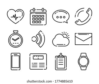 Thin line icons fitness tracker technology data with applications in smartwatch.