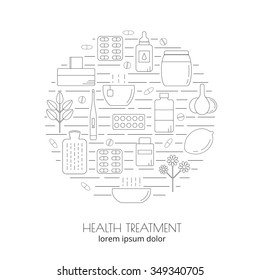 Thin line icons for flu and cold treatment composed in circle shape.