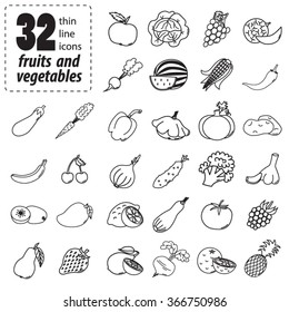 Thin line icons of fruits and vegetables