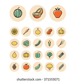 Thin line icons for fruits and vegetables. Vector illustration.
