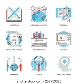 Thin line icons of global education form, online webinar, video tutorial, certificate of specialist, know how ideas develop. Modern flat line design element vector collection logo illustration concept