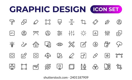Thin line icons of graphic design. Simple linear icons in a modern style flat, Creative Process. Graphic design, creative package.
