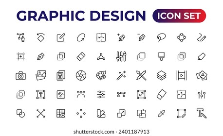 Iconos de línea delgada del diseño gráfico. Iconos lineales simples en un estilo moderno plano, proceso creativo. Diseño gráfico, paquete creativo.
