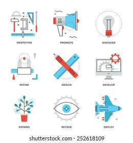 Thin line icons of graphic design production, web product development service, prototype engineering, marketing promotion. Modern flat line design element vector collection logo illustration concept.